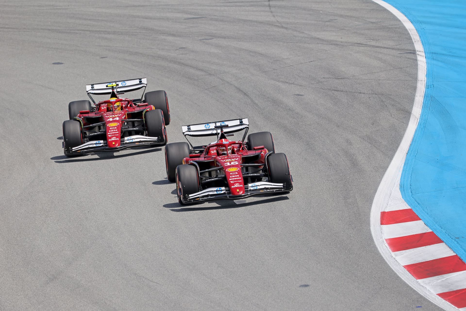 Lewis Hamilton and Charles Leclerc of Scuderia Ferrari HP drive the Ferrari SF-25 during the Formula 1 Aramco Grand Prix of Spain - Source: Getty